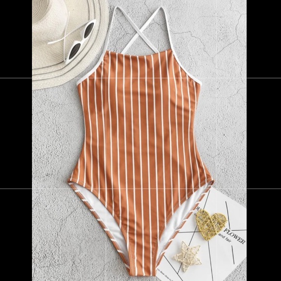 Burnt Orange Striped one piece swimsuit - Picture 1 of 2